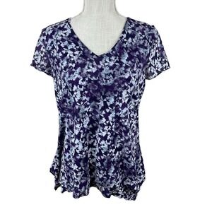 Simply Vera Vera Wang Floral‎ Top Blouse Womens S Purple Handkerchief Hem V Neck